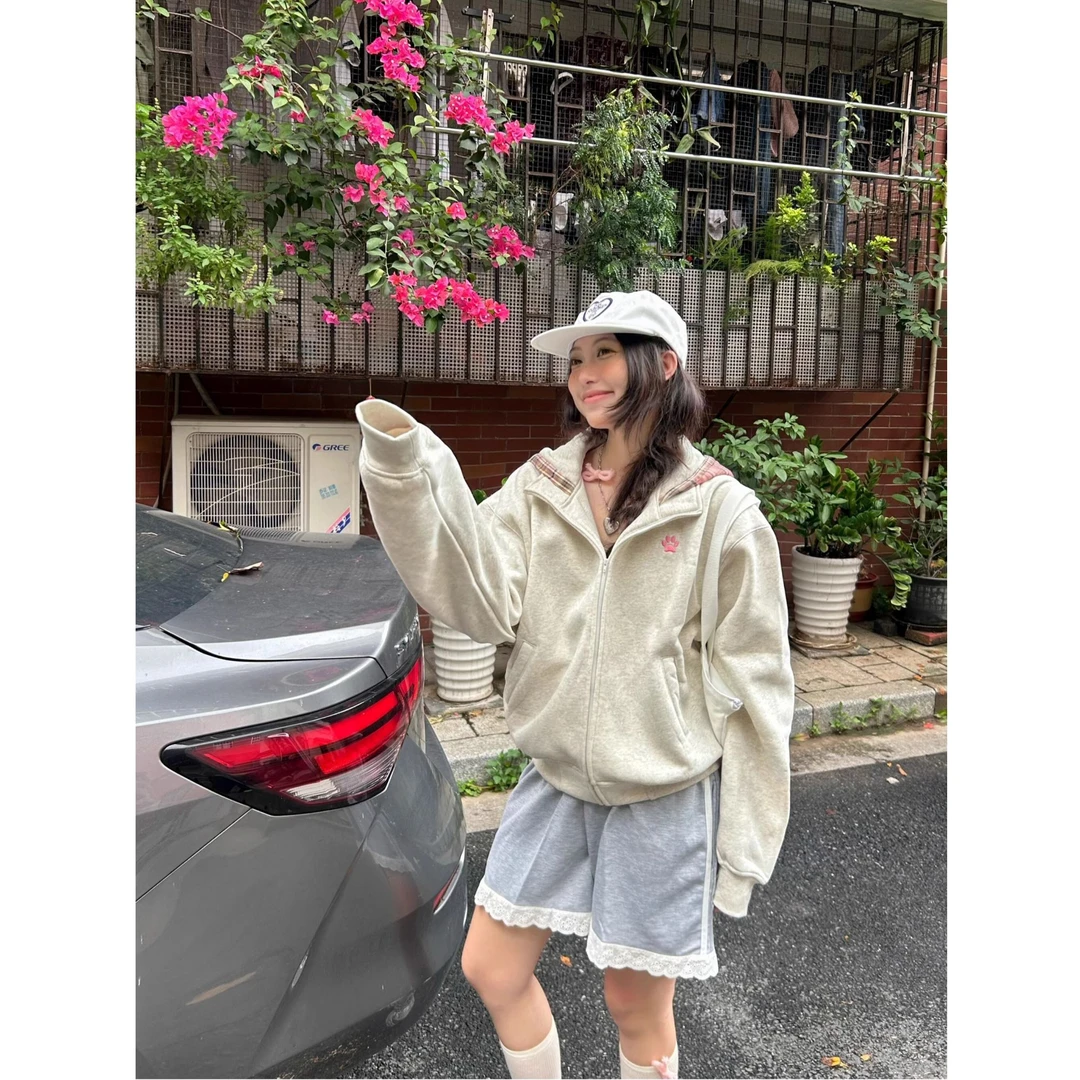 2024新款连帽开衫卫衣女秋冬宽松情侣百搭刺绣格子拼接短款外套