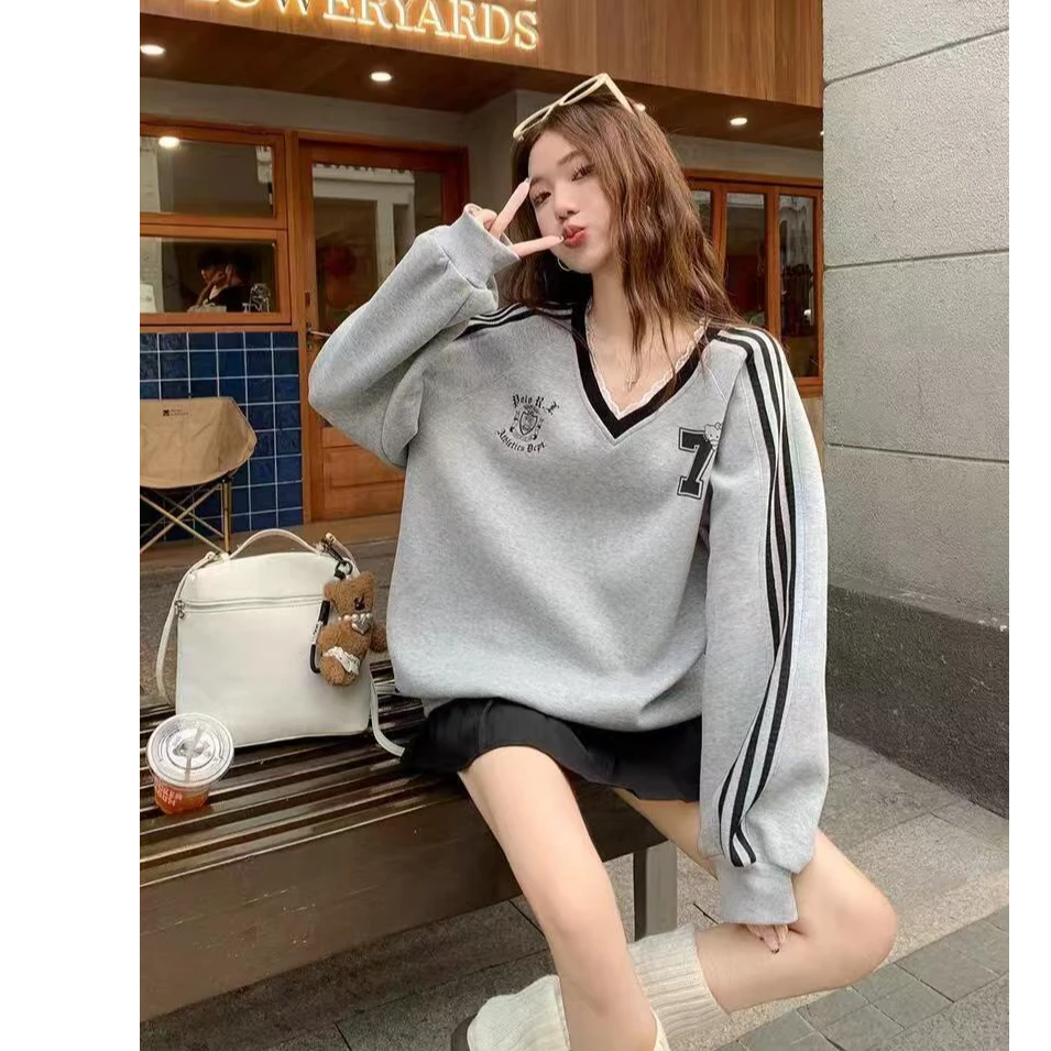 【帝韵】韩系球衣风休闲卫衣女蕾丝拼接三条杠加绒加厚秋冬宽松百搭