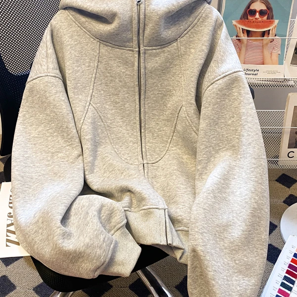 【帝韵】新款高领卫衣女重磅美式开衫外套秋冬季潮牌高级感硬挺上衣