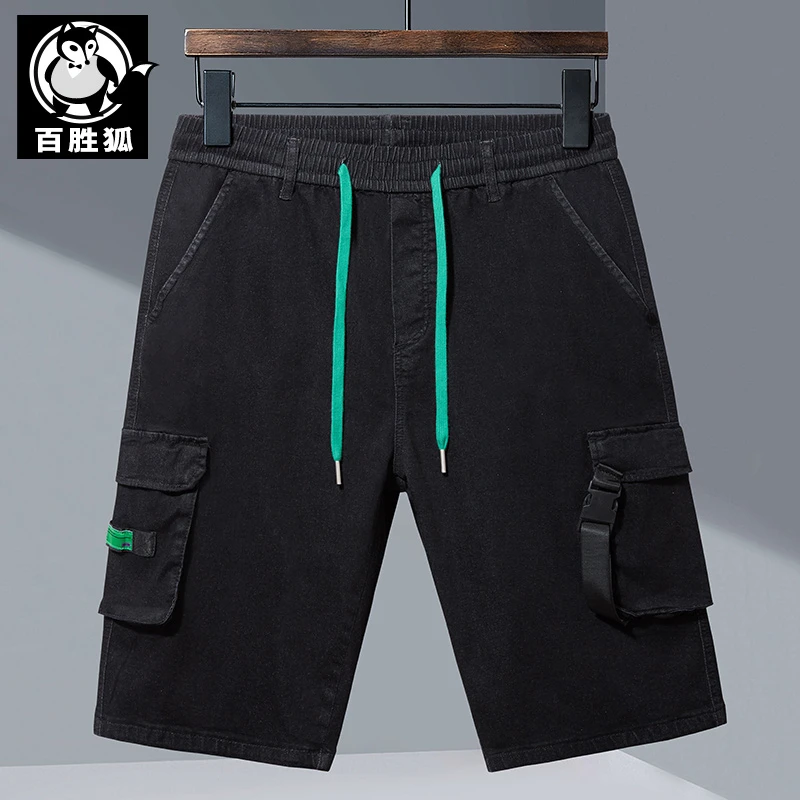 百胜狐工装牛仔短裤男生加肥加大黑色休闲宽松侧兜五分裤潮胖男装