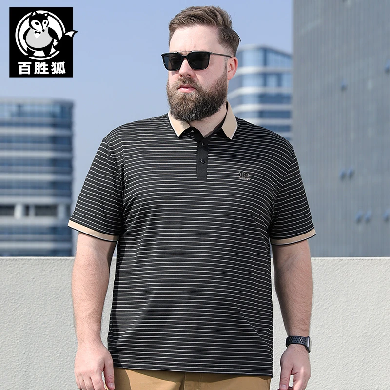 百胜狐大码男装翻领条纹时尚短袖polo衫男胖子夏季新款半袖体恤潮