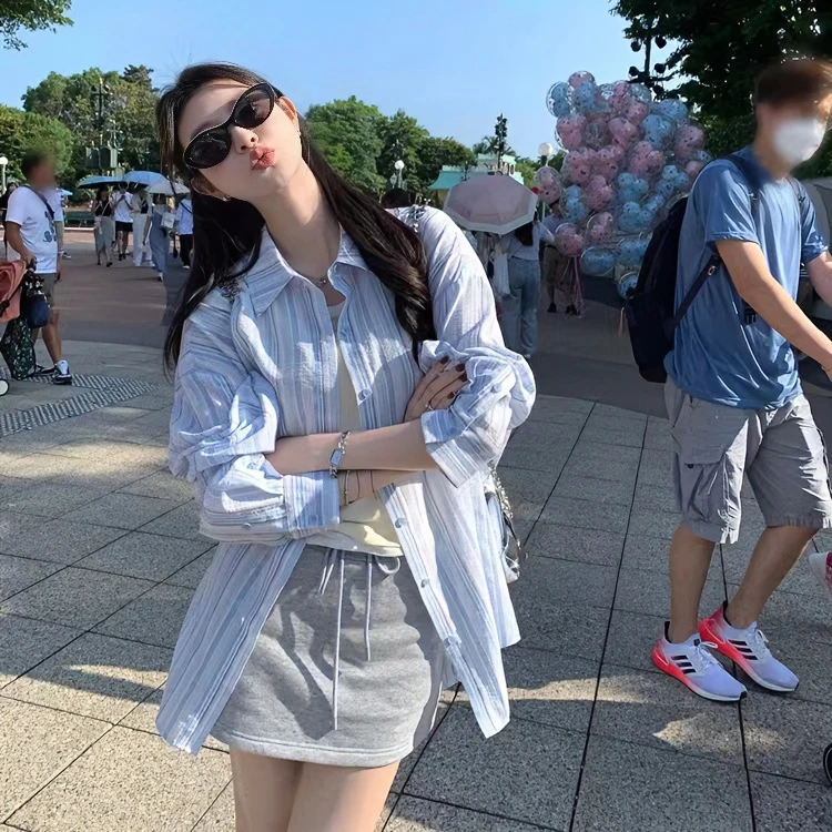 嬉皮～#2266条纹polo领长袖衬衫女装薄款宽松防晒休闲衬衣上衣②