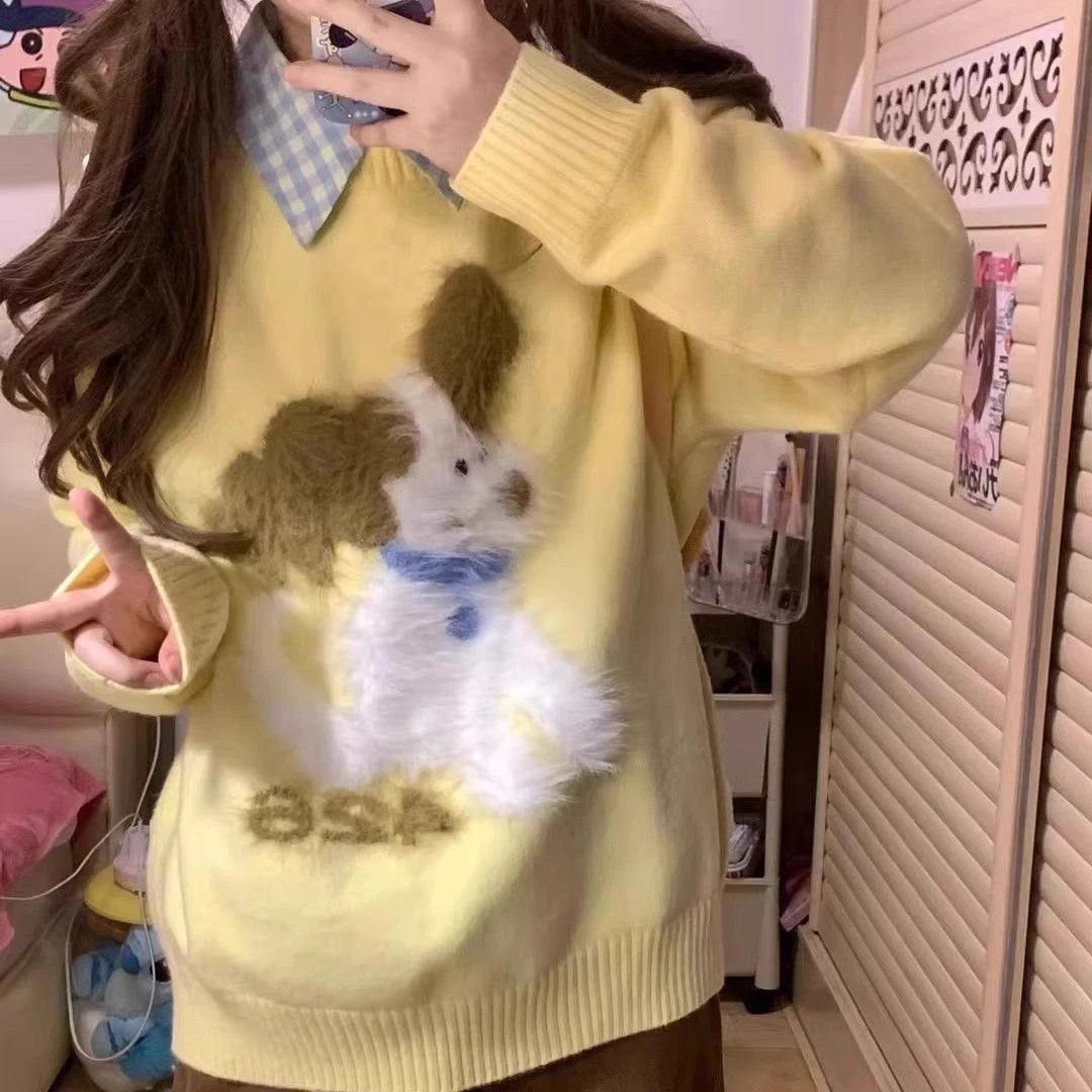 学院风初中生女冬装毛衣高中生毛衣打底衫洋气少女卡通小狗针织衫