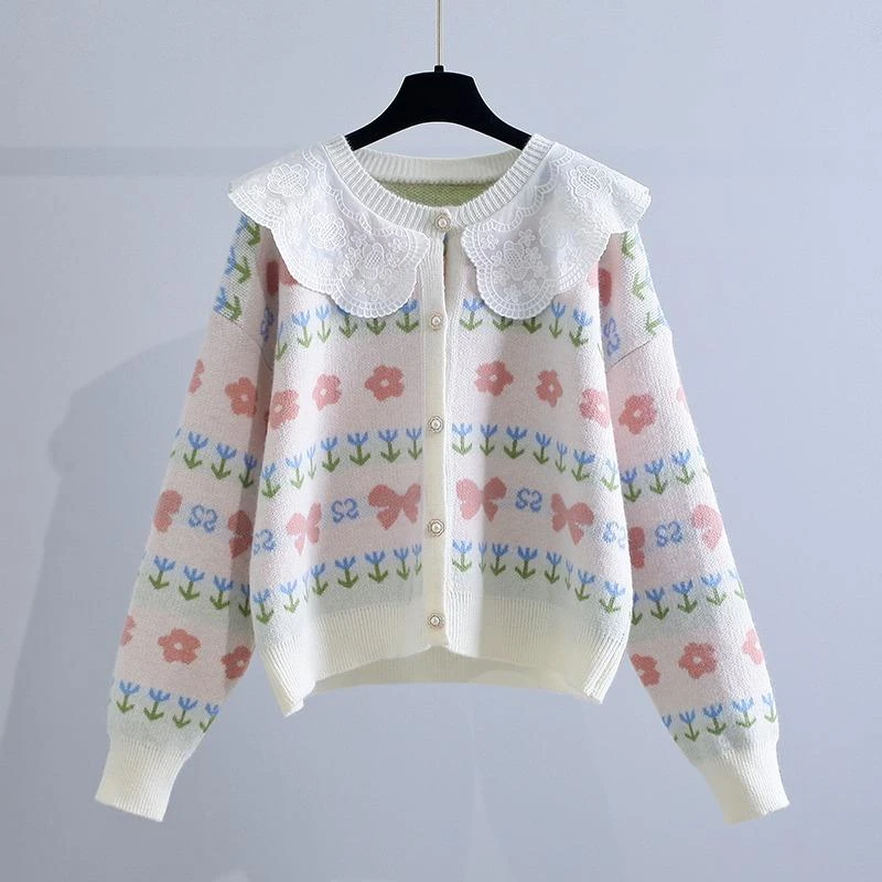 初中生女秋装高中学生少女娃娃领针织开衫大童毛衣外套毛衣14岁15