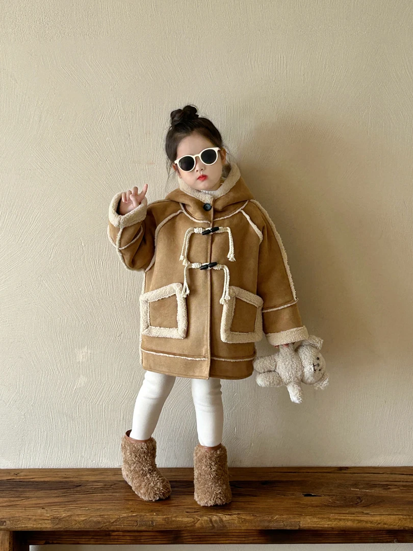 女童韩版2024秋冬新款童装洋气中长款皮毛一体连帽外套加绒打底裤