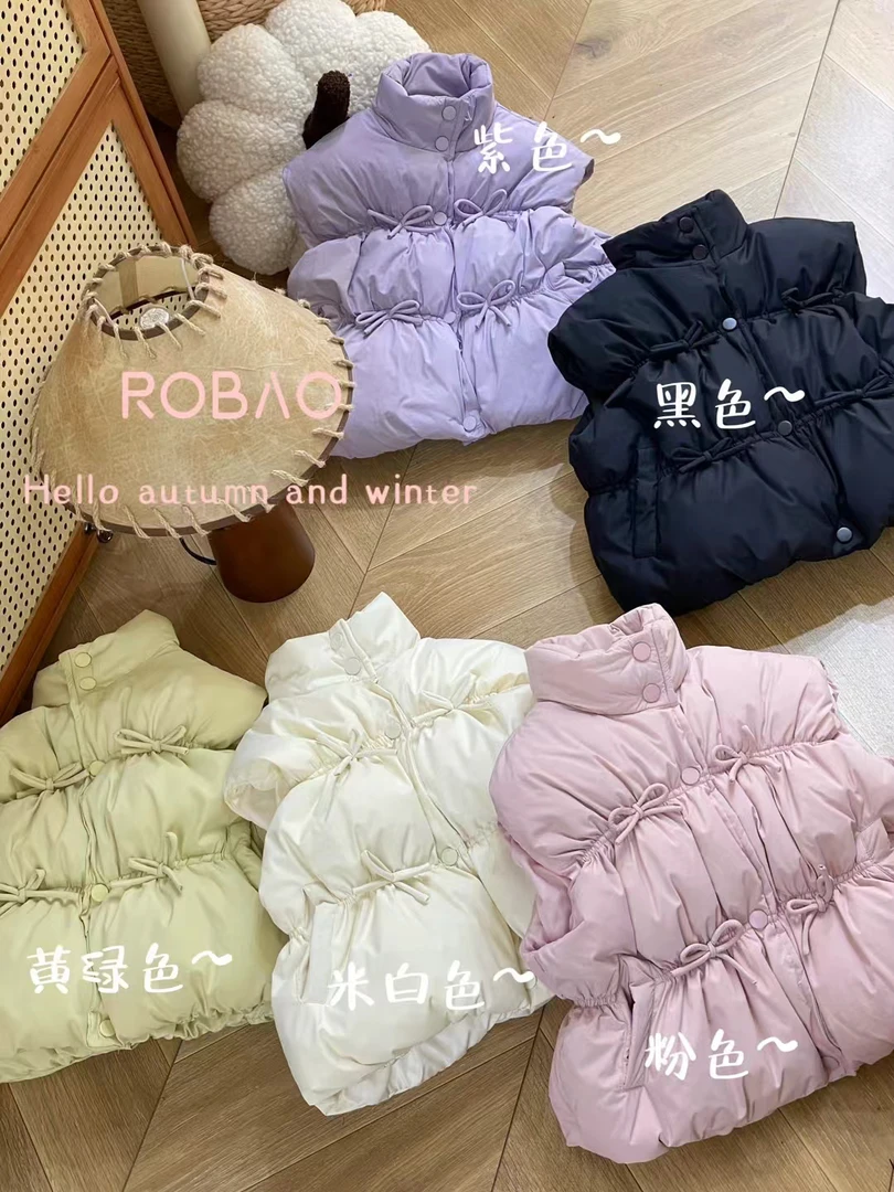 女童蝴蝶结棉服马甲外套秋冬装儿童马甲夹棉背心保暖坎肩洋气冬季