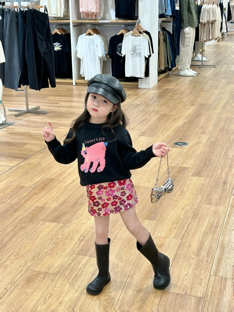 2024韩版秋季新款女童卡通小熊毛衣儿童韩版洋气毛衣  花朵亮片裙