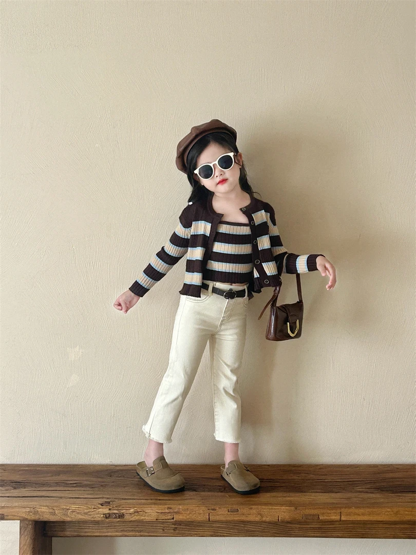 2024春秋季新款女童条纹吊带针织衫毛衣儿童洋气 时尚休闲裤子潮