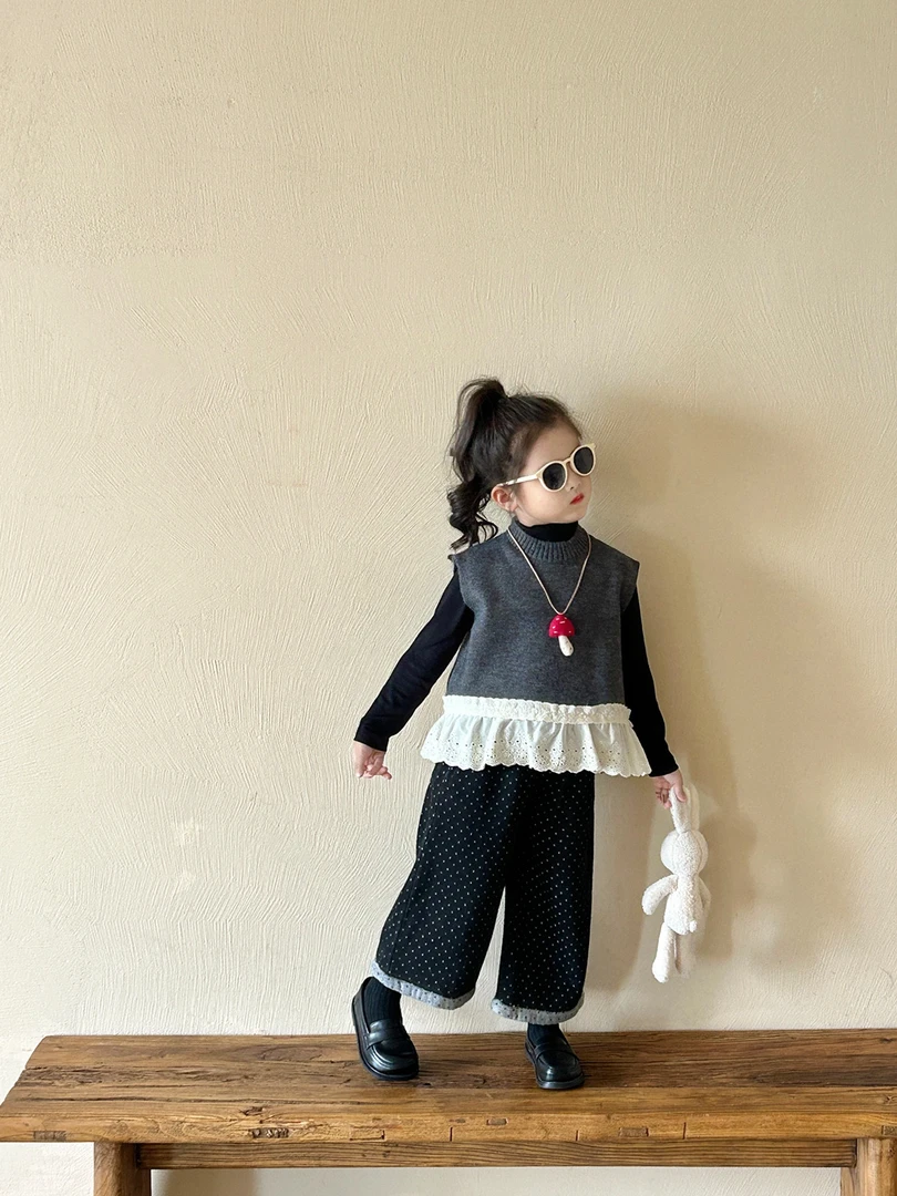 2024秋季韩版女童蕾丝花边拼接毛线马甲儿童针织背心 点子裤洋气