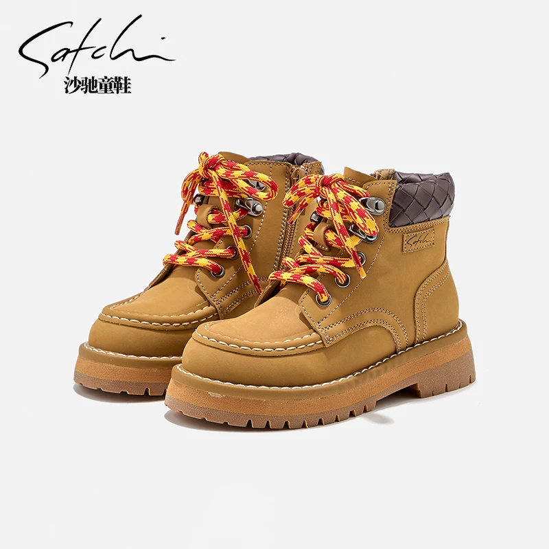 沙驰童鞋马丁靴冬季新款真皮大黄靴加绒二棉保暖皮靴男女童24713