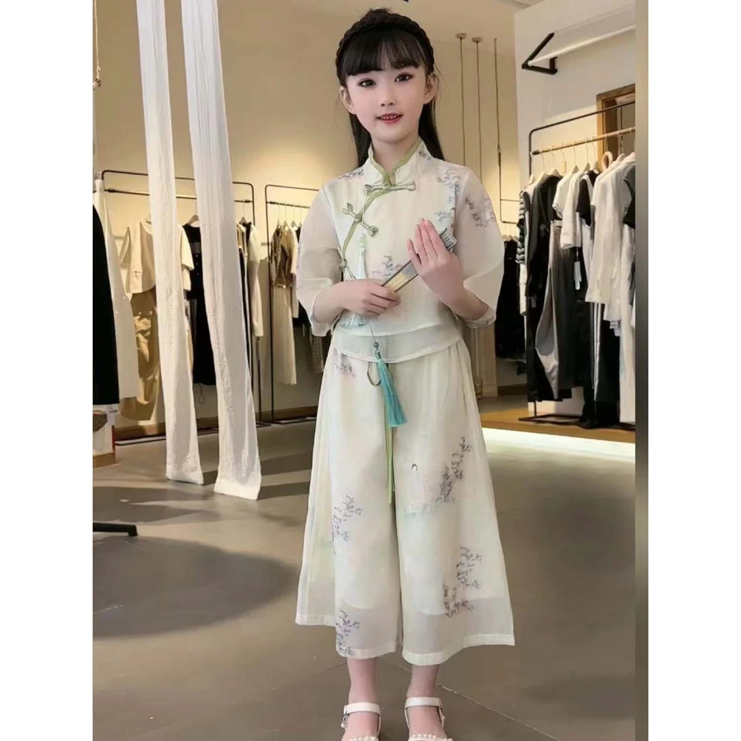 女童汉服短袖七分裤套装2024新款新中式上衣古风超仙两件套夏装潮