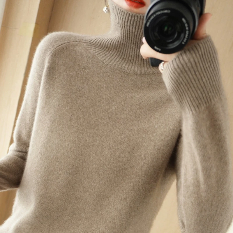 大码春秋冬高领毛衣长袖针织衫宽松套头打底衫女加厚