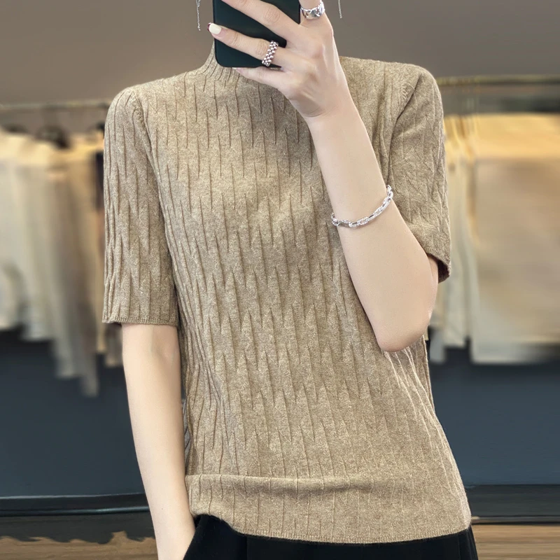 新款大码半高领短袖针织衫中袖打底衫女时尚百搭套头纯色