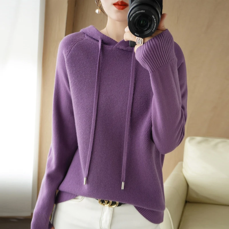 大码秋冬帽衫长袖毛衣针织衫宽松加厚女