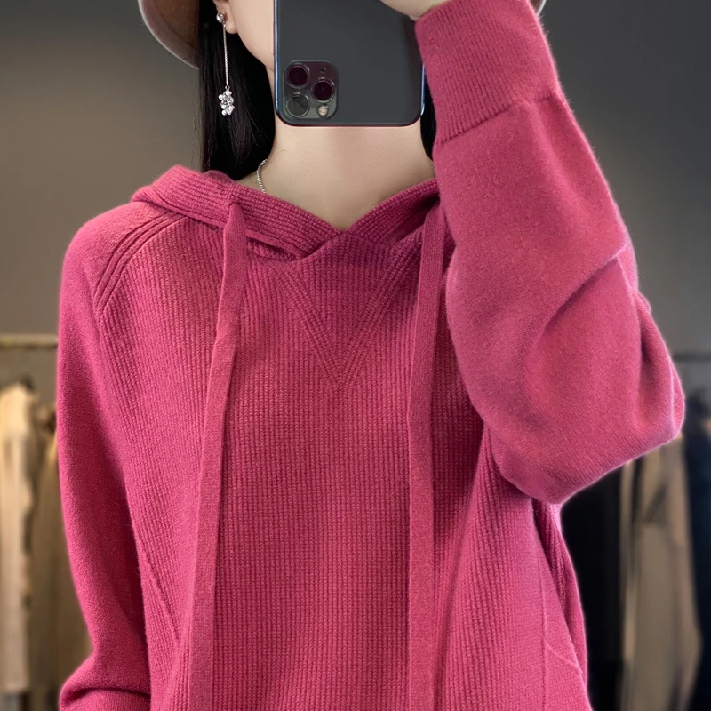 秋冬帽衫毛衣长袖针织衫带帽套头加厚纯色连帽宽松女