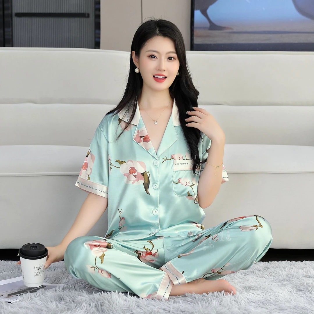 2025新款冰丝短袖睡衣女套装短袖三件套高级感可外出洋气家居服女