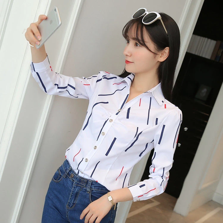 秋冬新款女2023韩版修身女衬衫百搭V领显廋打底衫女长袖印花上衣