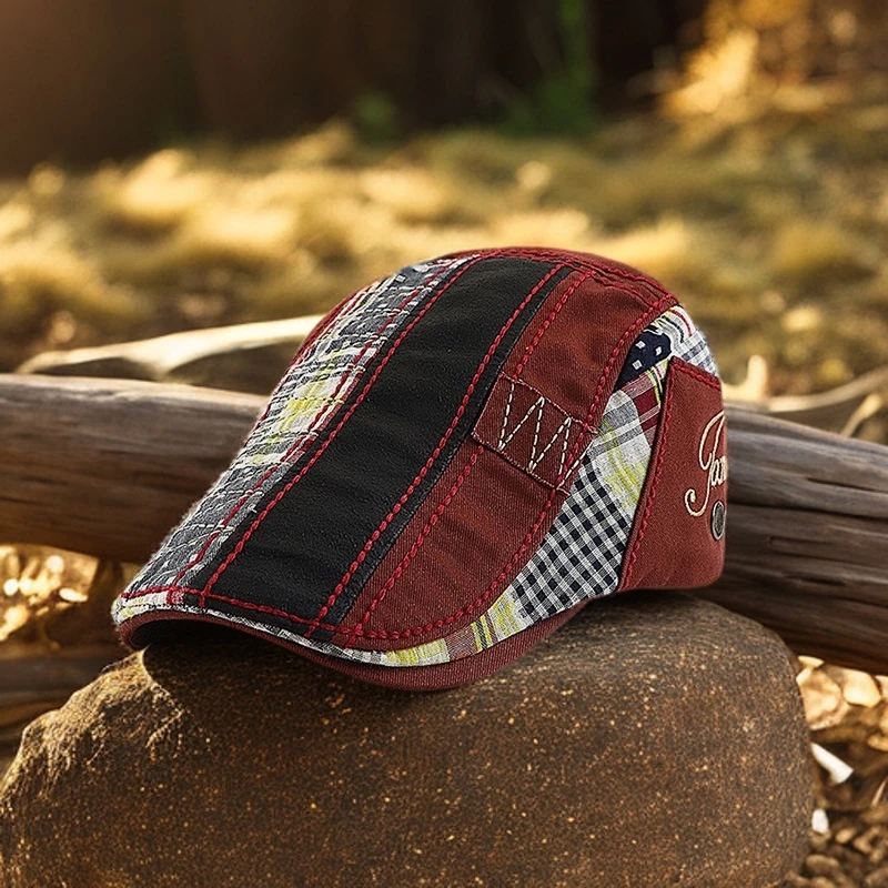 复古百搭帽子鸭舌帽男士欧美英伦休闲鸭舌帽拼接贝雷帽前进帽光头