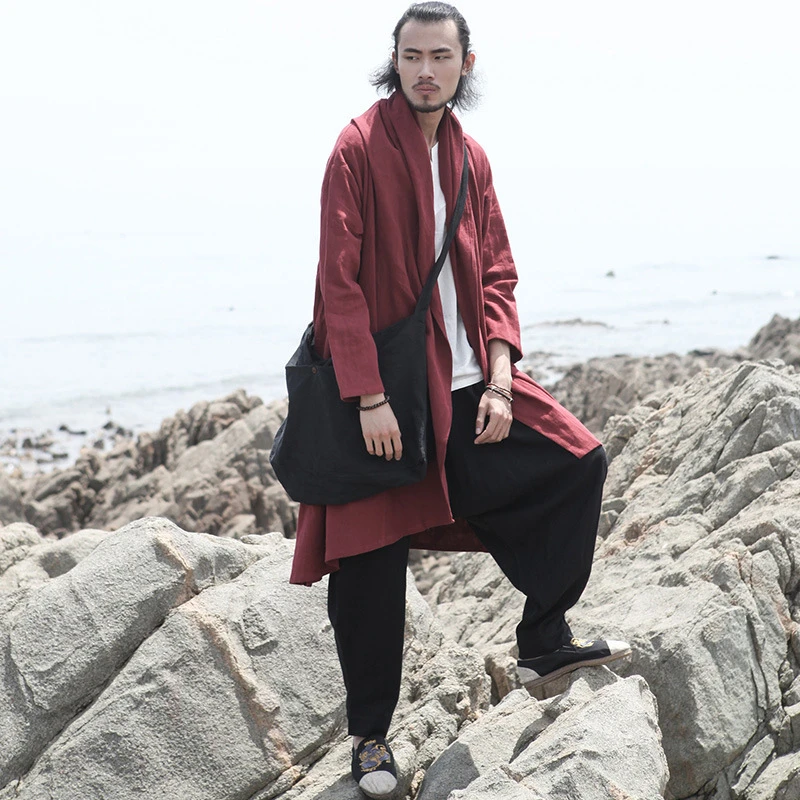 男士棉麻围巾领开衫款大披风苎麻中长款长款外套休闲旅行外披连帽