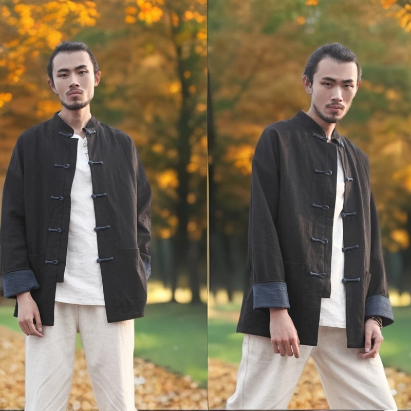 中国风唐装男中老年秋季长袖对襟衬衫开衫茶禅服父亲装中式盘扣衫