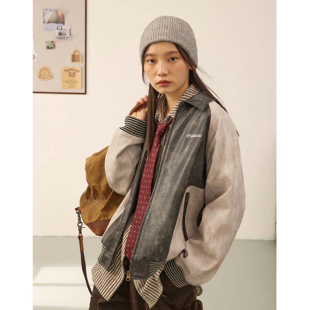 章鱼家【美式复古】水洗粉色棒球服皮衣外套女百搭PU皮夹克octopus