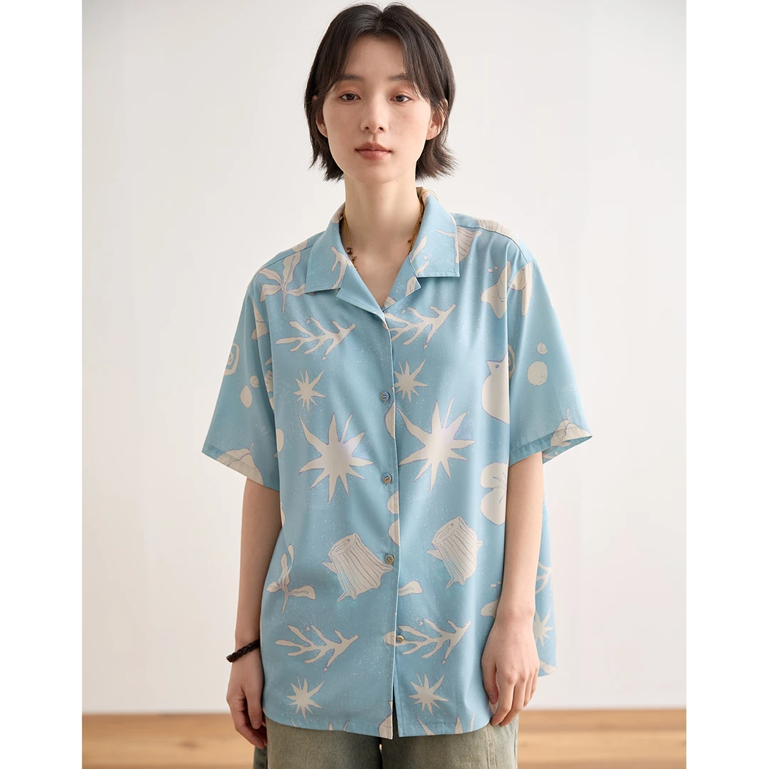 章鱼家【满印轻薄】夏季复古休闲度假风宽松印花日系衬衫女octopus