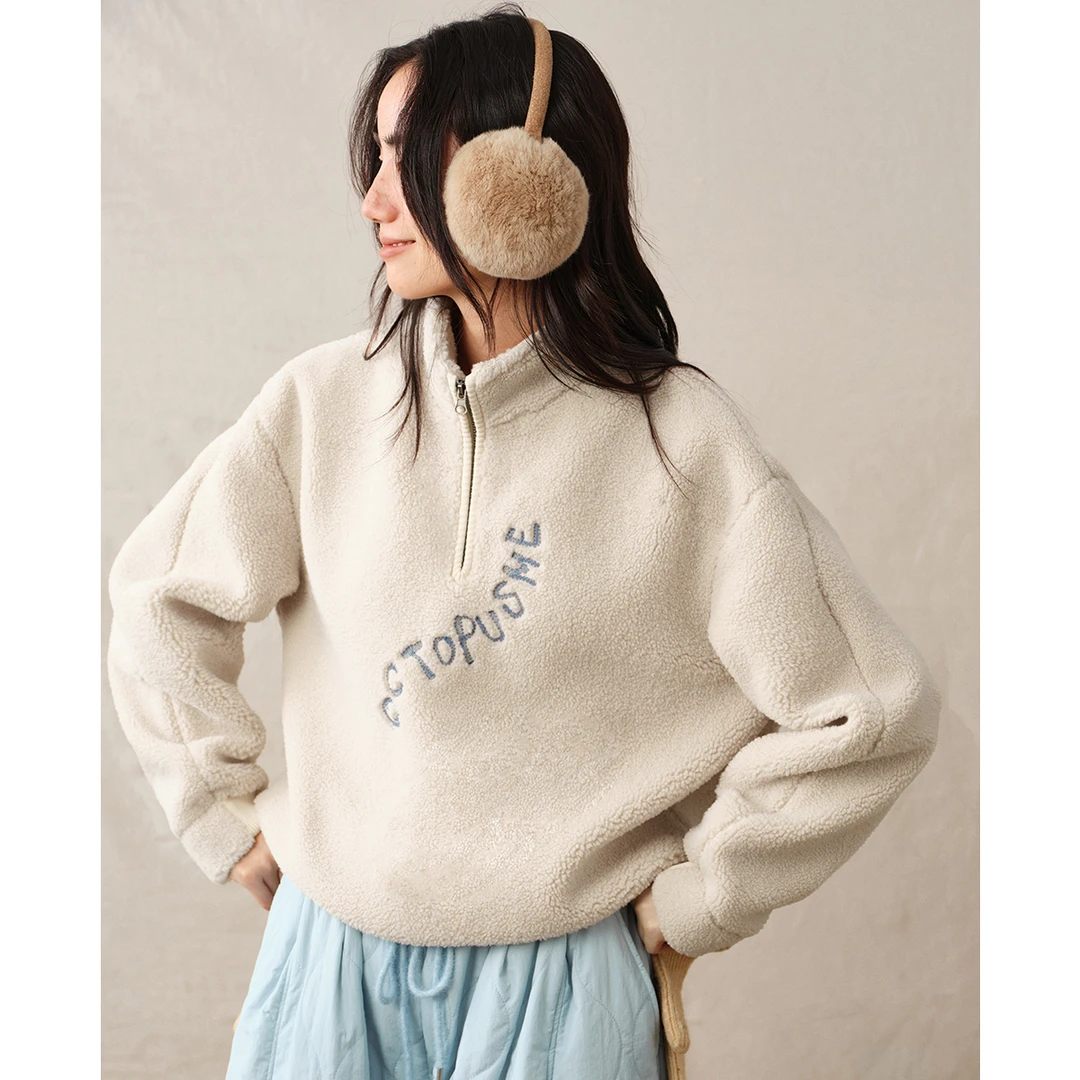 章鱼家【复古羔绒】加绒卫衣女春秋加厚百搭短款内搭上衣octopusm