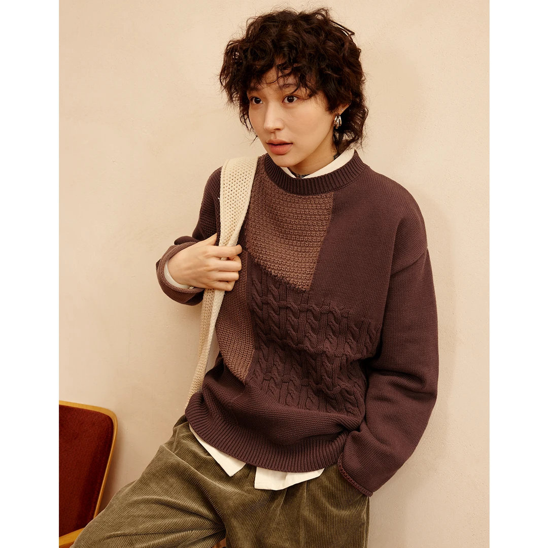 章鱼家【不规则】复古早春季宽松拼接毛衣圆领长袖情侣上衣octopus