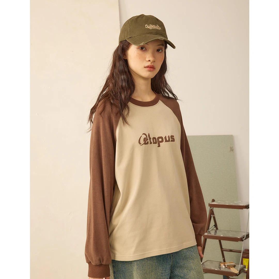 章鱼家【美式复古】宽松插肩袖撞色T恤圆领情侣休闲长袖卫衣octopus