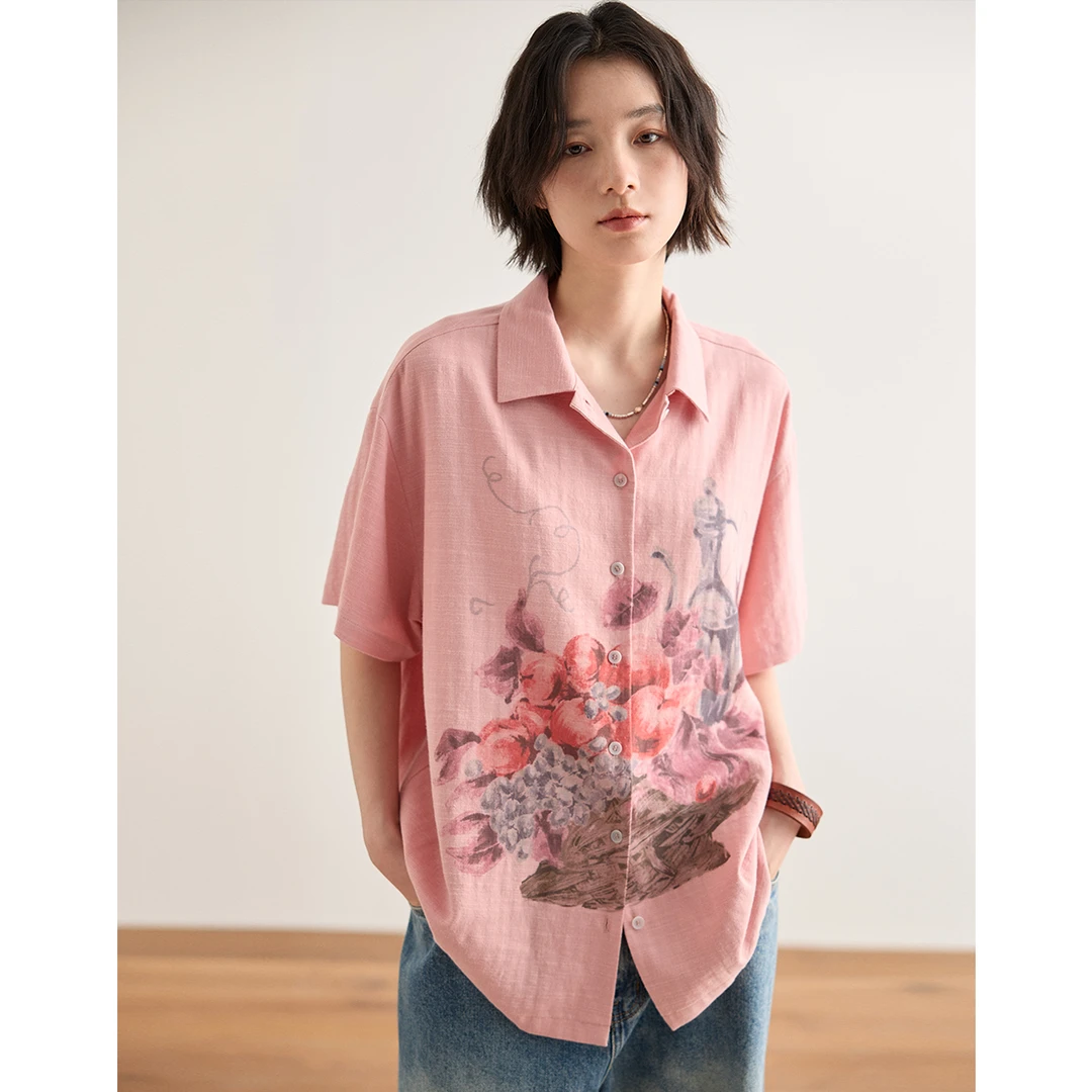 章鱼家【油画风】粉色短袖衬衫女夏款小个子设计感衬衣上衣octopus