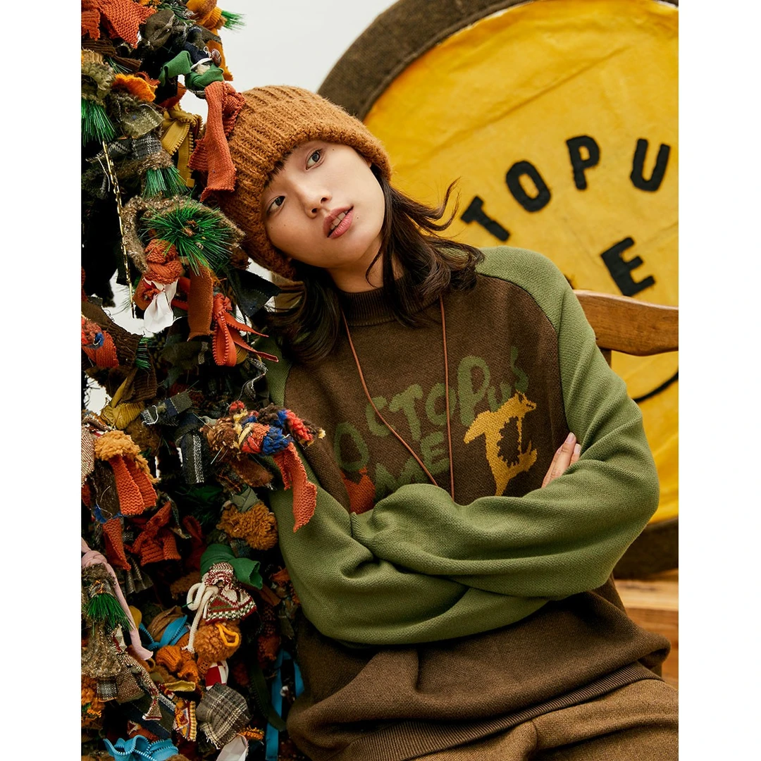 章鱼家【小个子慵懒】小高领拼接套头撞色圆领提花毛衣octopus