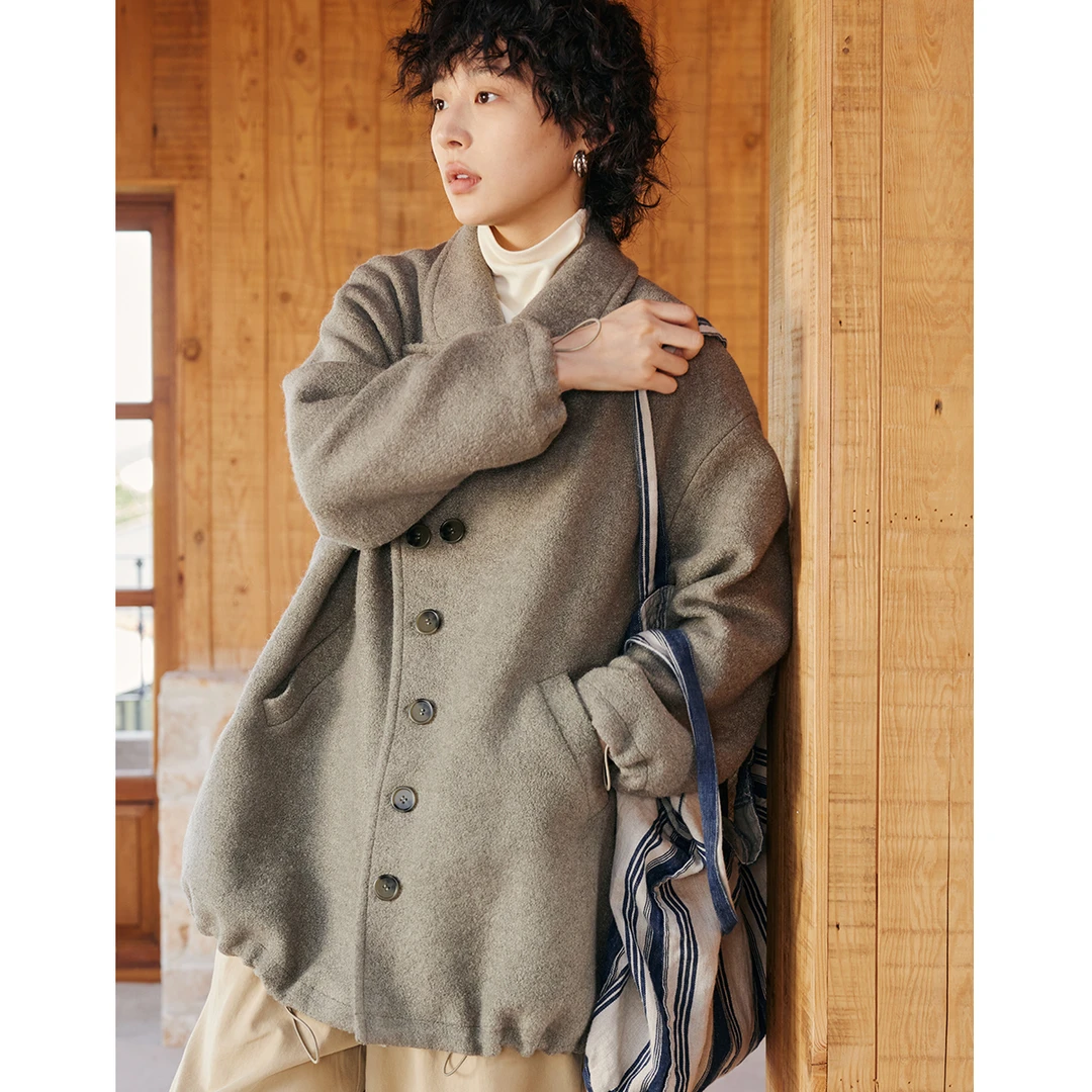 章鱼家【圣诞毛呢外套】肌理感抽绳大衣女春秋中长款设计感octopus