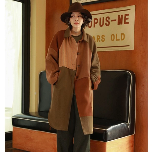 octopusme章鱼家拼接毛呢外套女冬呢大衣加厚风衣中长款格子上衣