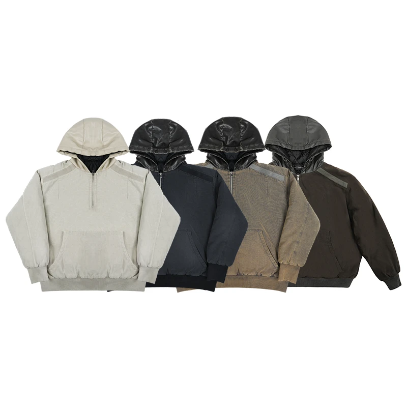 Invert Ideology重磅水洗染色解构廓形棉服拼手工擦色皮帽衫连帽