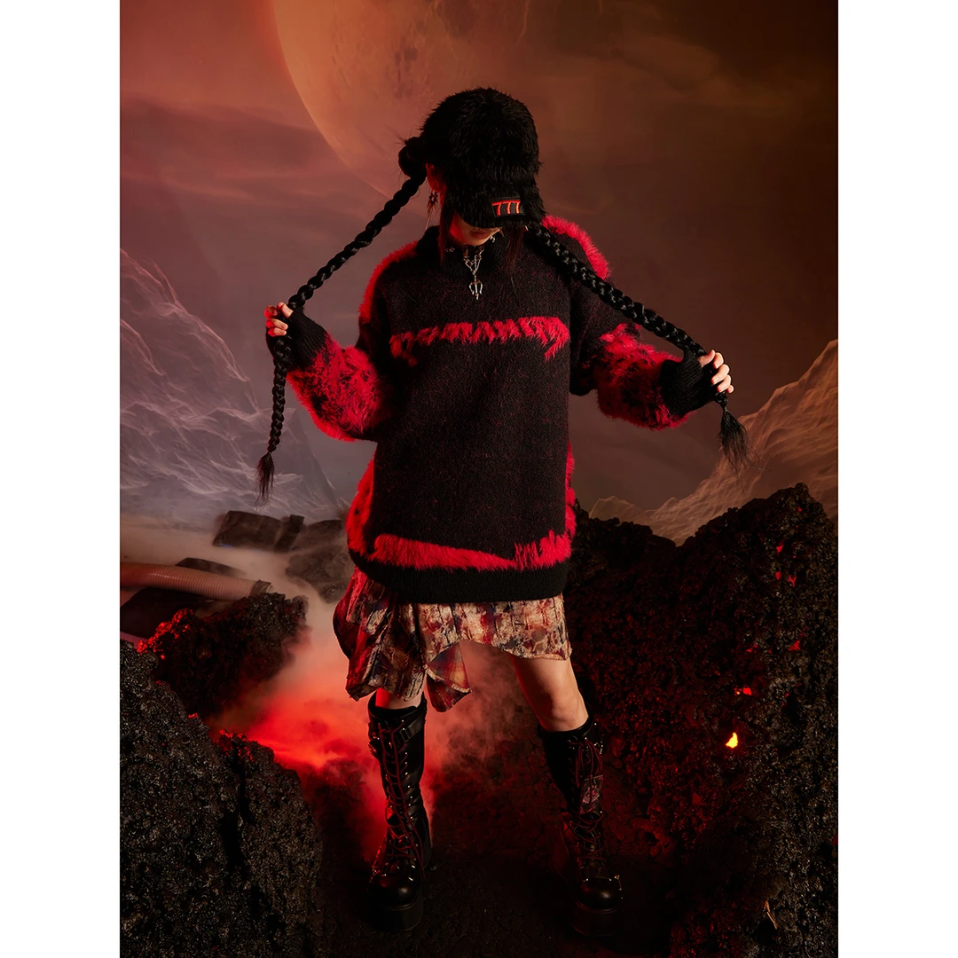 无人孤岛 原创撞色毛感宽松毛衣个性套头上衣高支高密加厚针织衫s