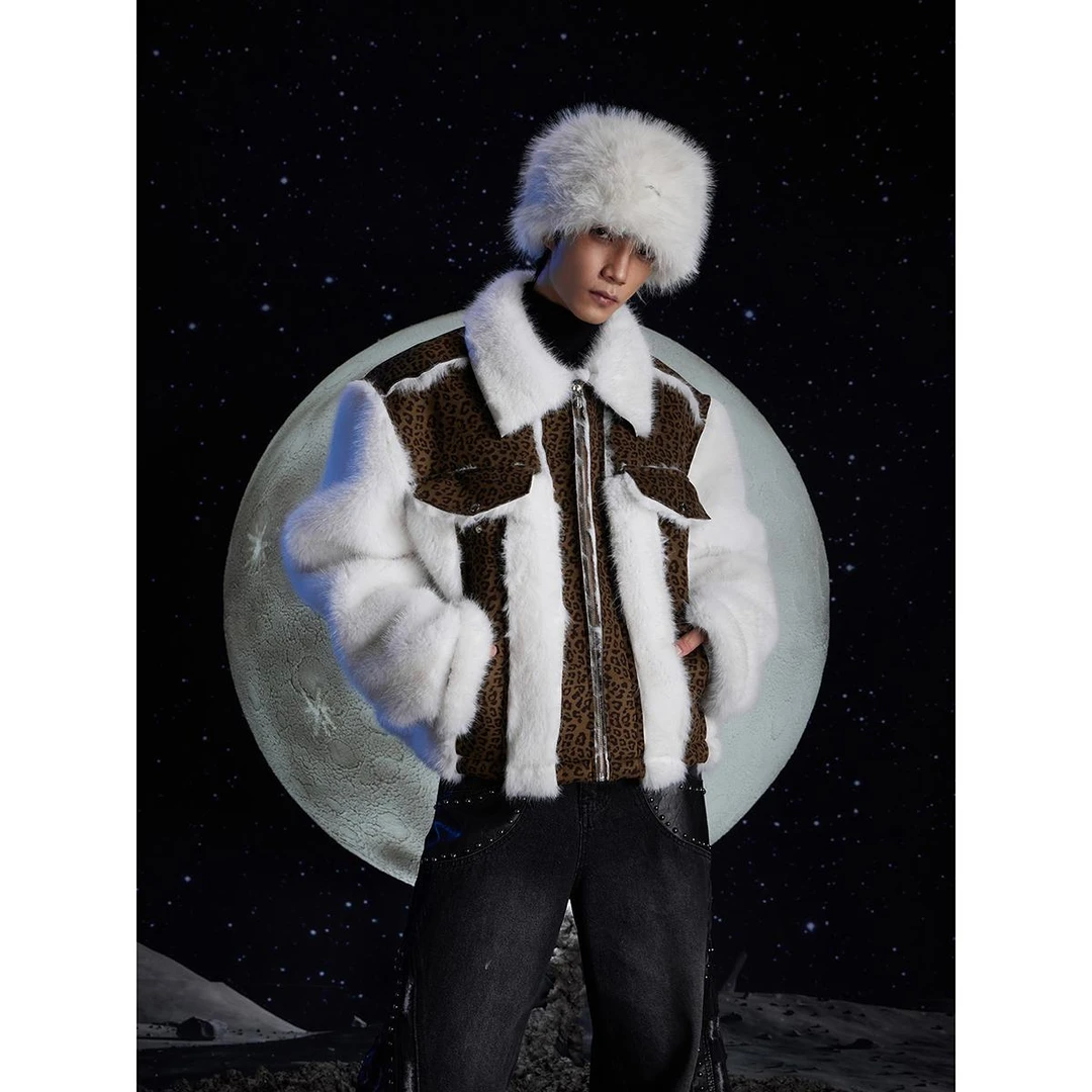 无人孤岛 原创小众高奢豹纹拼接摇粒绒外套拉链翻领皮毛一体棉衣