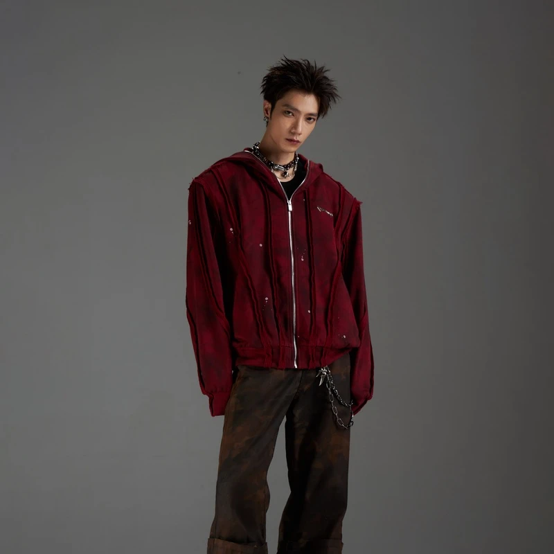 无人孤岛 原创小众解构层次线条做旧洗水连帽卫衣手绘宽松外套潮