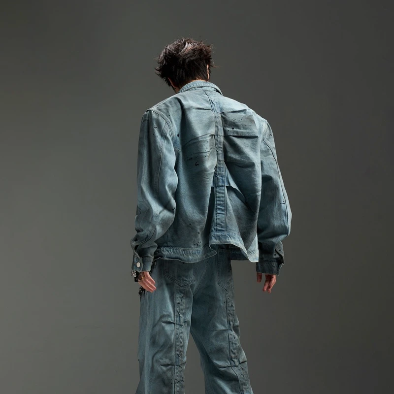 无人孤岛【血脉觉醒】原创后背打褶牛仔外套短宽擦色牛仔外套夹克s