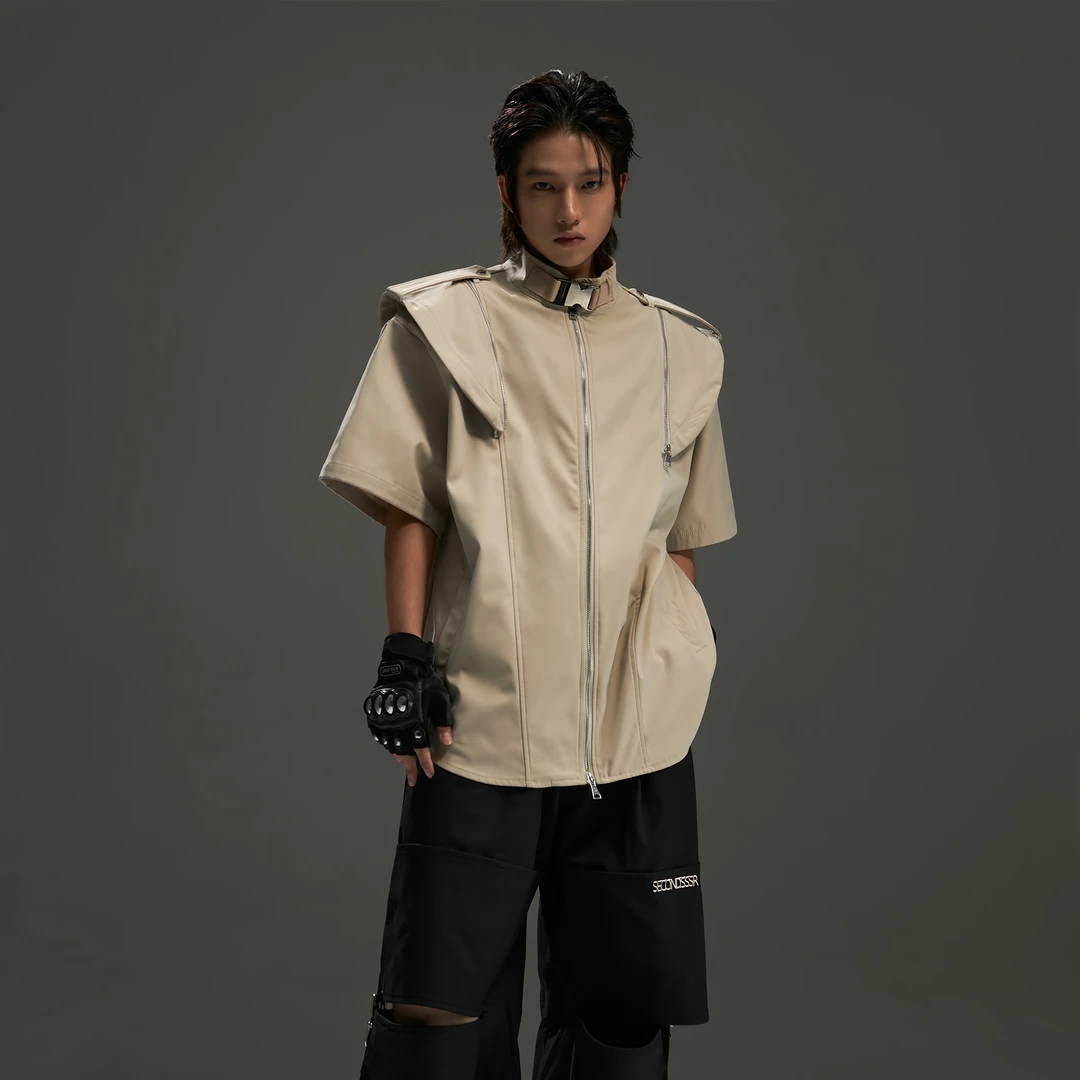 无人孤岛 小众设计解构重磅分割设计感拉链短袖垫肩立领短袖 8093