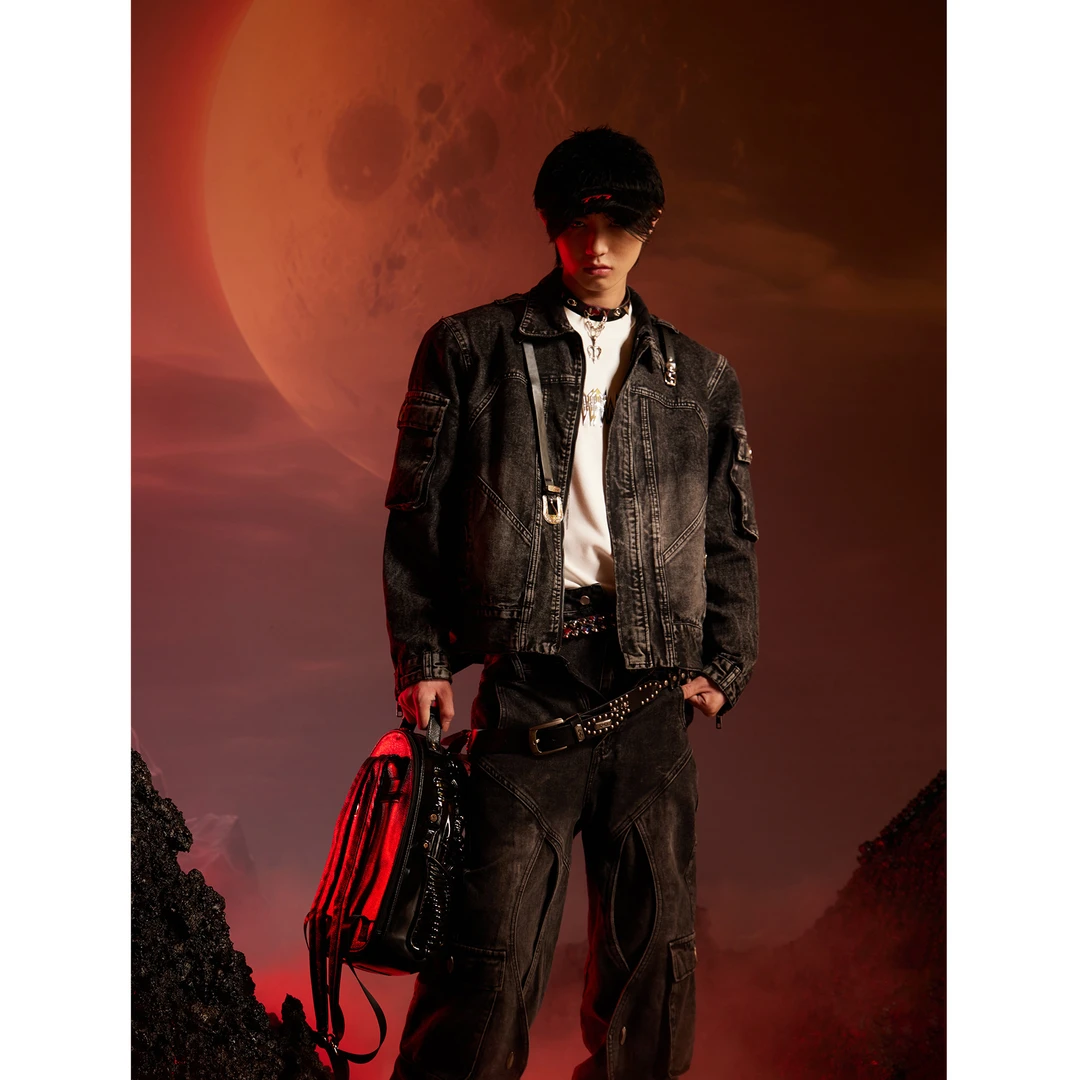 无人孤岛 水洗做旧结构设计工装翻领牛仔夹克重工多口袋拉链外套3