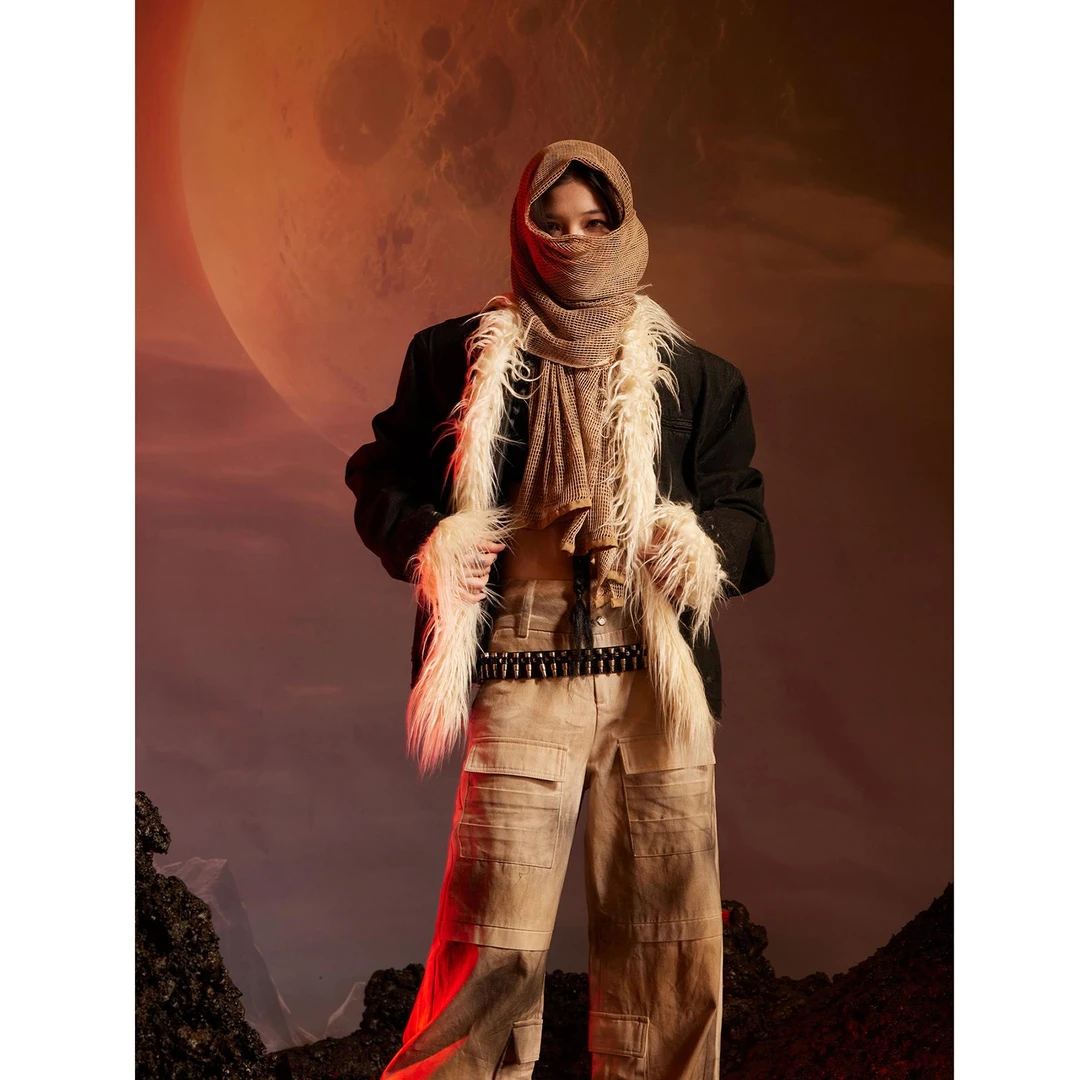 无人孤岛无人孤岛 原创个性设计拼接毛毛短款外套高级感小众牛仔