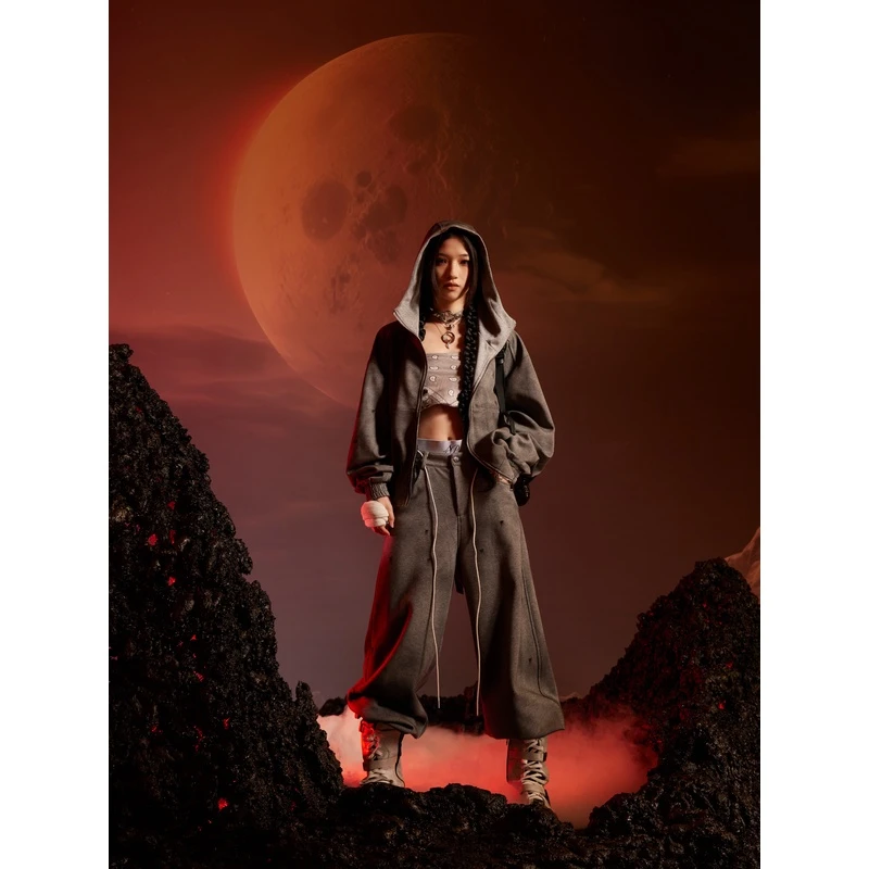 无人孤岛原创设计潮流洗水扎染廓做旧做脏形连帽长袖卫衣裤子