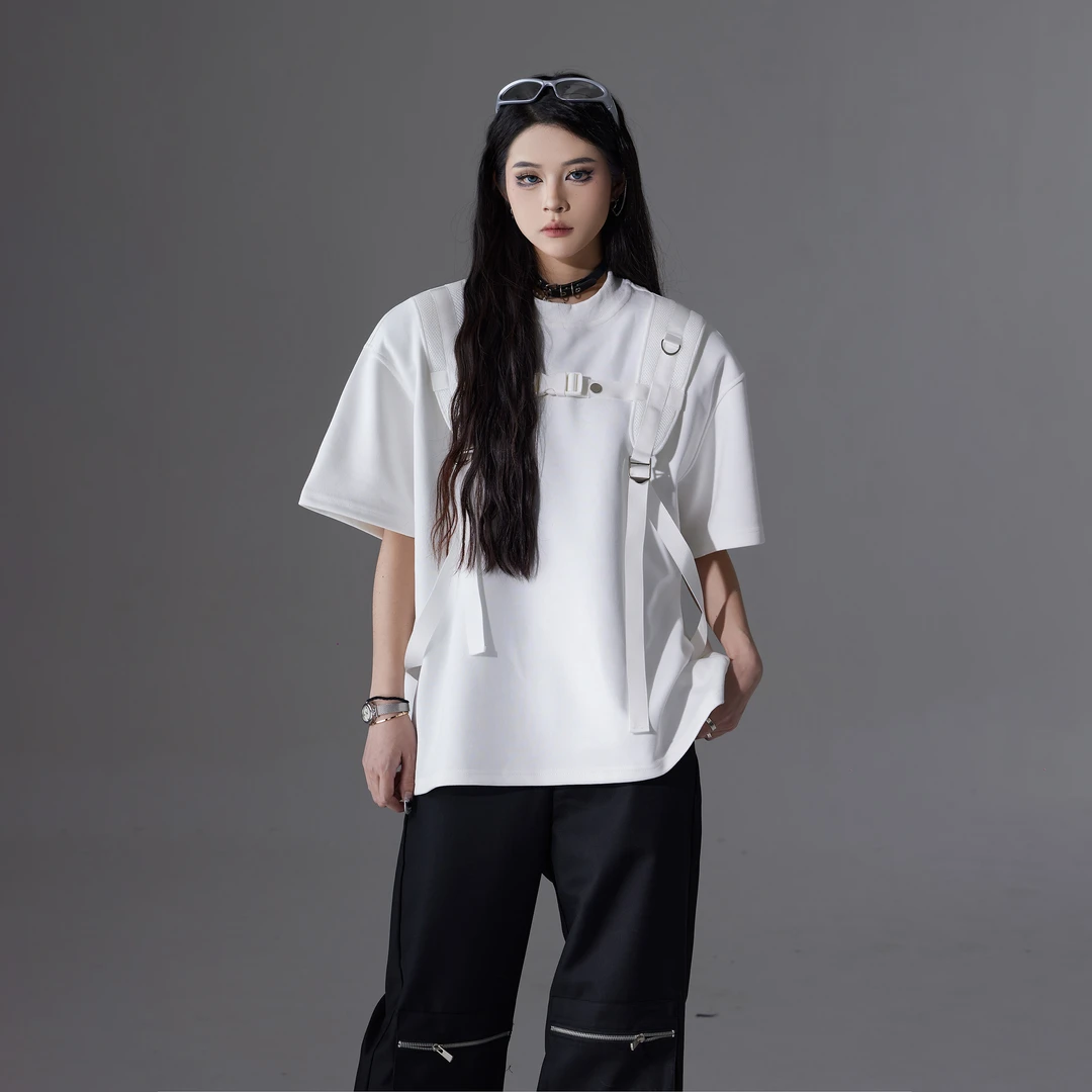 无人孤岛 机能风背包带小众拼接T恤夏季宽松纯棉短袖圆领GA10T538