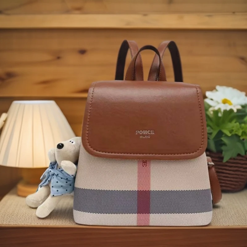 复古格子双肩包学院风拼色女包23765-1（赠挂件+小包）