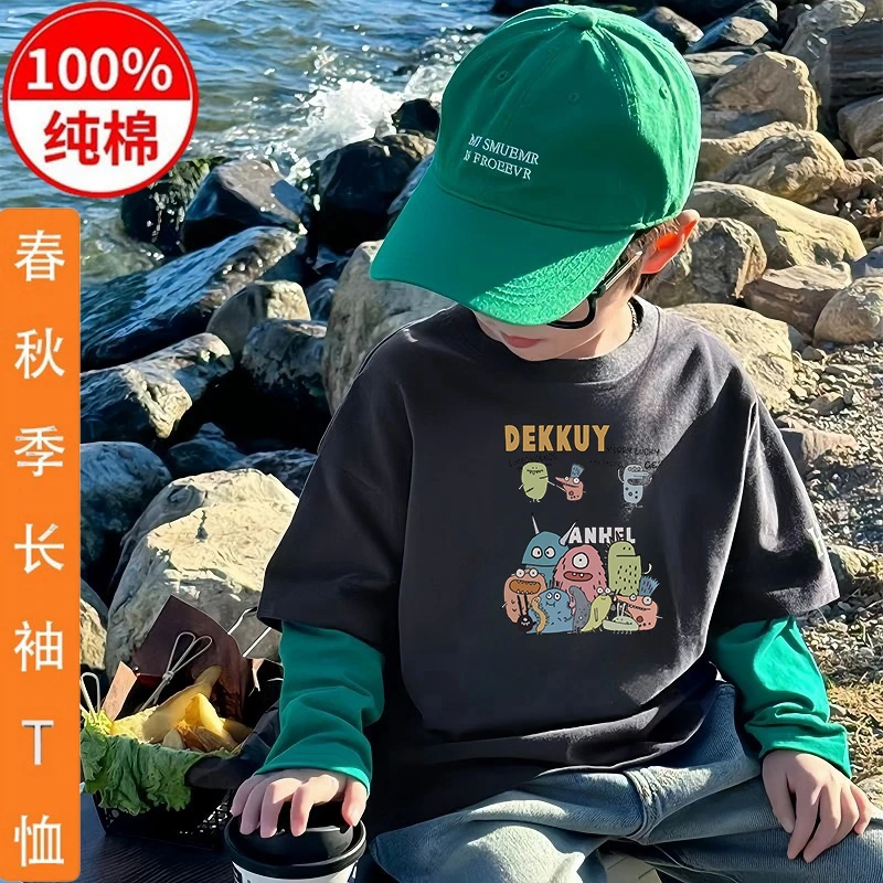 春秋装100%纯棉拼色男童长袖T恤韩版中大童上衣打底衫宽松上衣T恤