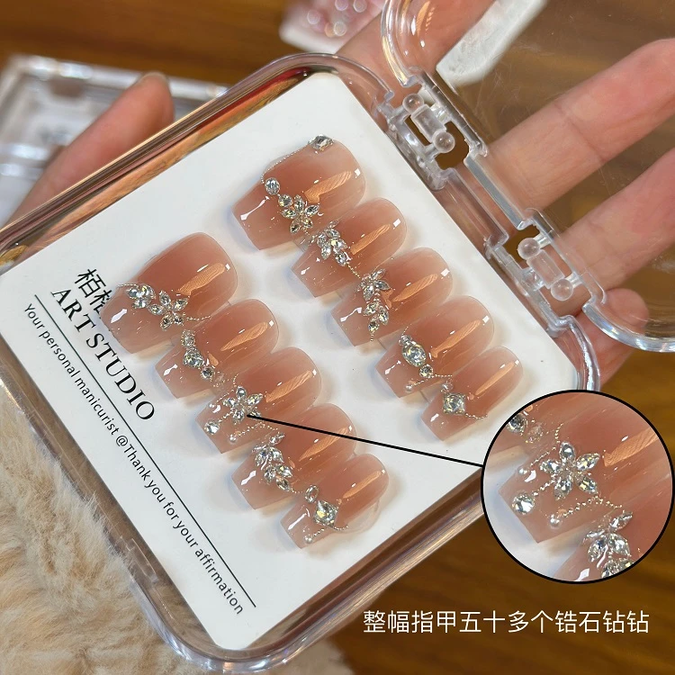 【情诗】腮红晕染简约锆石碎钻温柔手工光疗穿戴美甲成品假指甲贴片