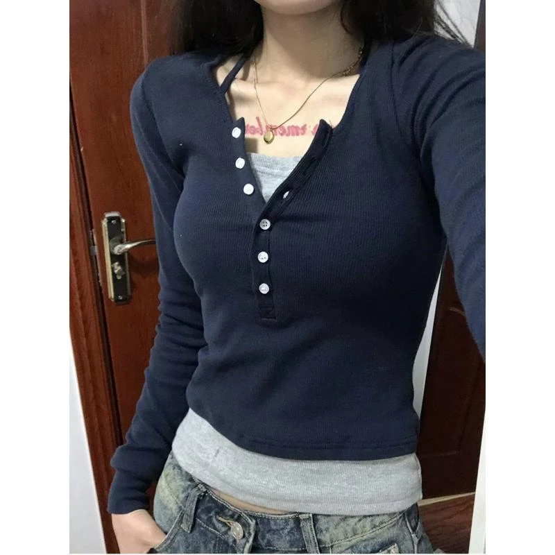 正肩假两件长袖t恤女秋冬设计感小众甜辣妹修身显瘦别致上衣