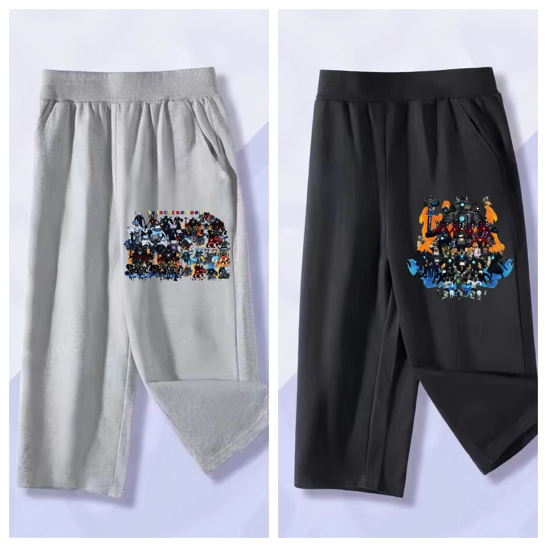 监控马桶的人全集休闲裤男童夏季宽松七分裤卡通印花裤子凉爽ins