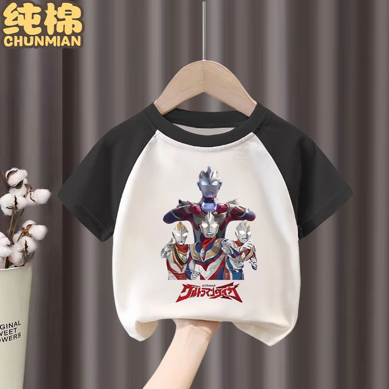 男童纯棉T恤2024新款奥特曼瘩帅短袖短裤中小童插肩上衣潮t半袖