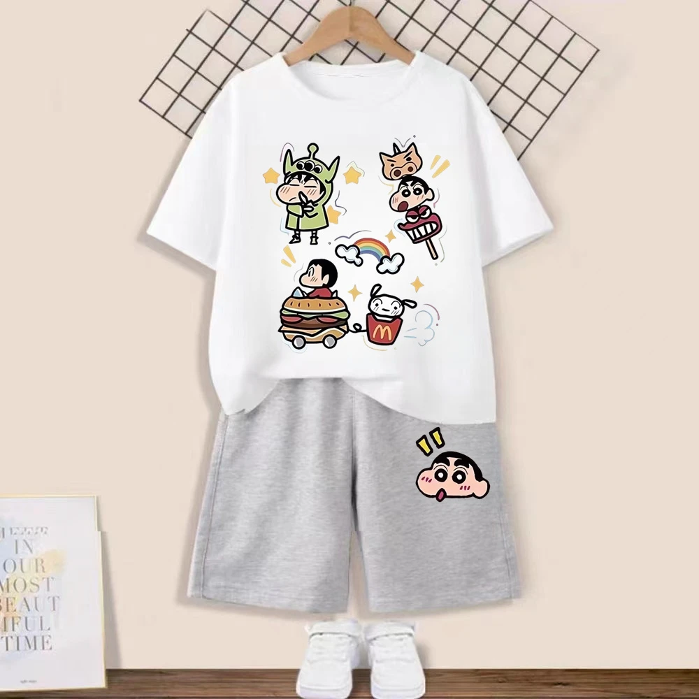 夏季新款蜡笔小新套装儿童短袖短裤男女童宽松夏季纯棉T恤两件套